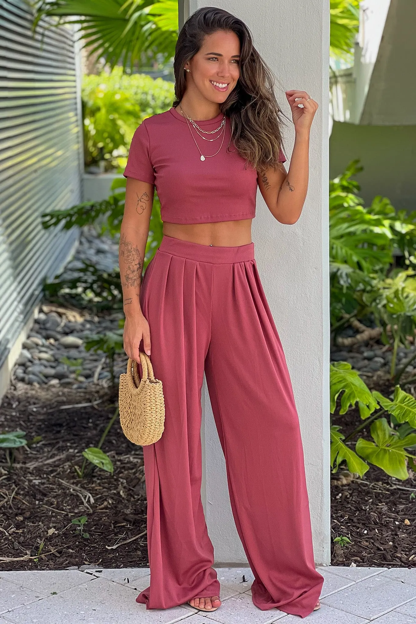 Dark Rose Crop Top And Pants Set