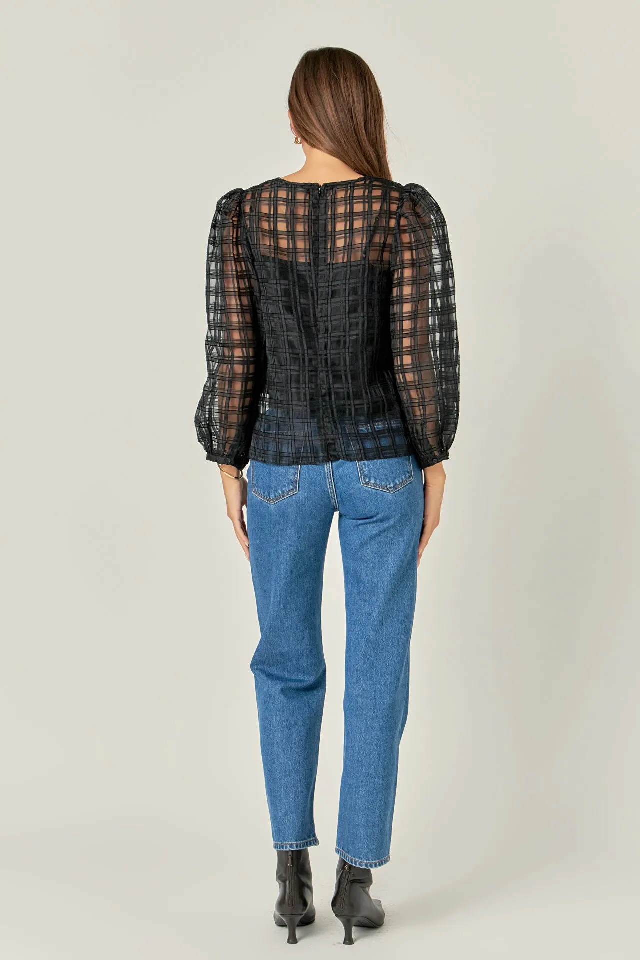 English Factory - Plaid Organza Long Sleeve Top