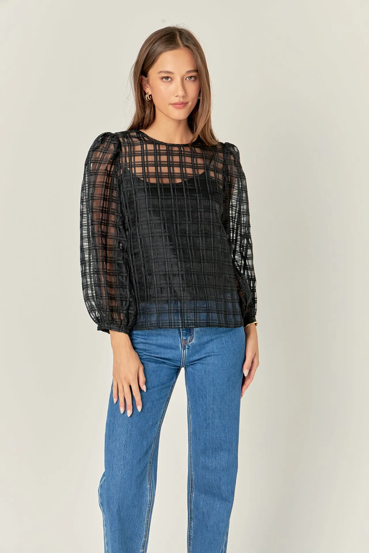 English Factory - Plaid Organza Long Sleeve Top