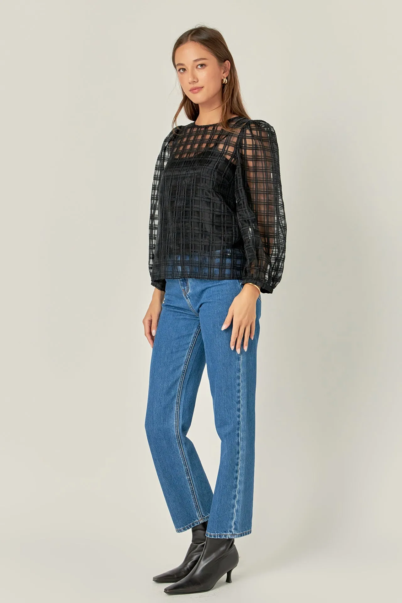 English Factory - Plaid Organza Long Sleeve Top