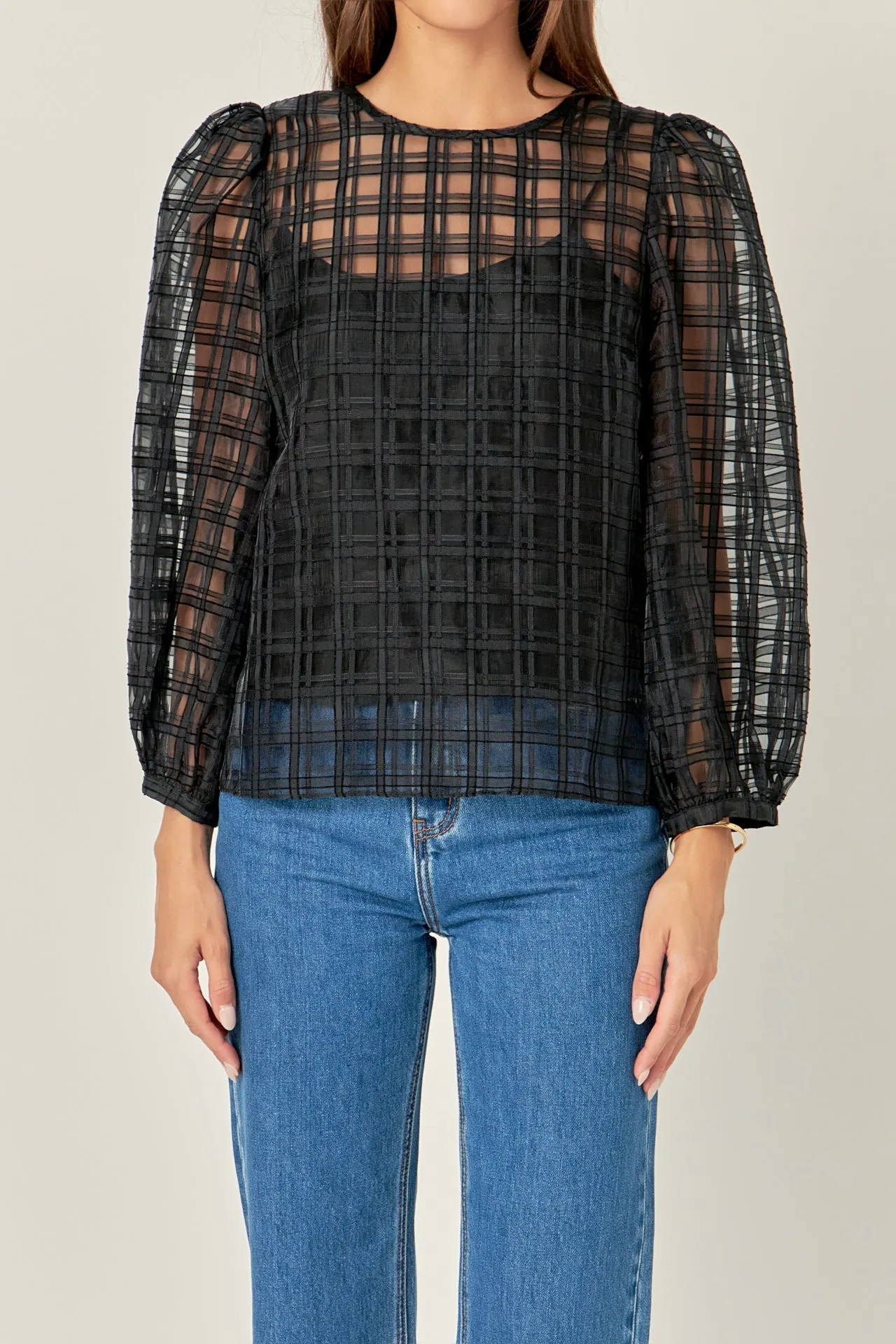 English Factory - Plaid Organza Long Sleeve Top