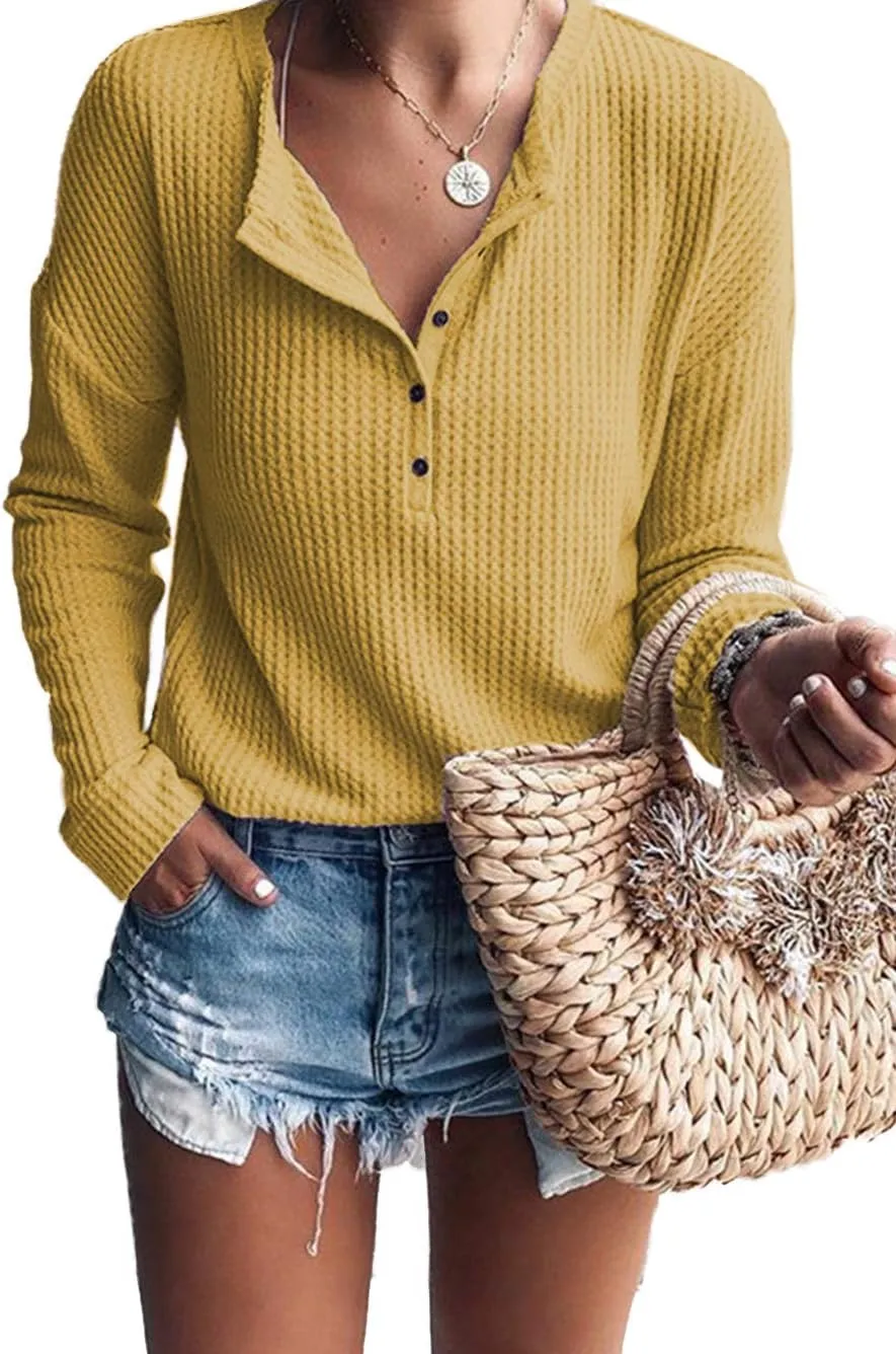 Famulily Women's Waffle Knit Tunic Tops Loose Long Sleeve Button Up V Neck Henley Shirts