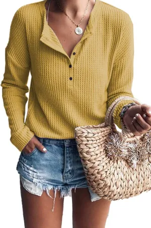 Famulily Women's Waffle Knit Tunic Tops Loose Long Sleeve Button Up V Neck Henley Shirts