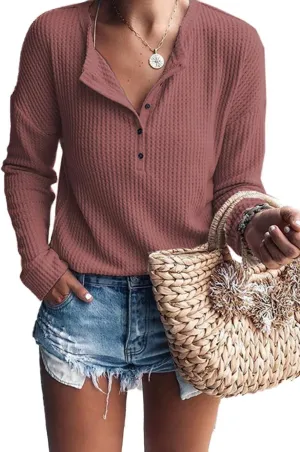 Famulily Women's Waffle Knit Tunic Tops Loose Long Sleeve Button Up V Neck Henley Shirts