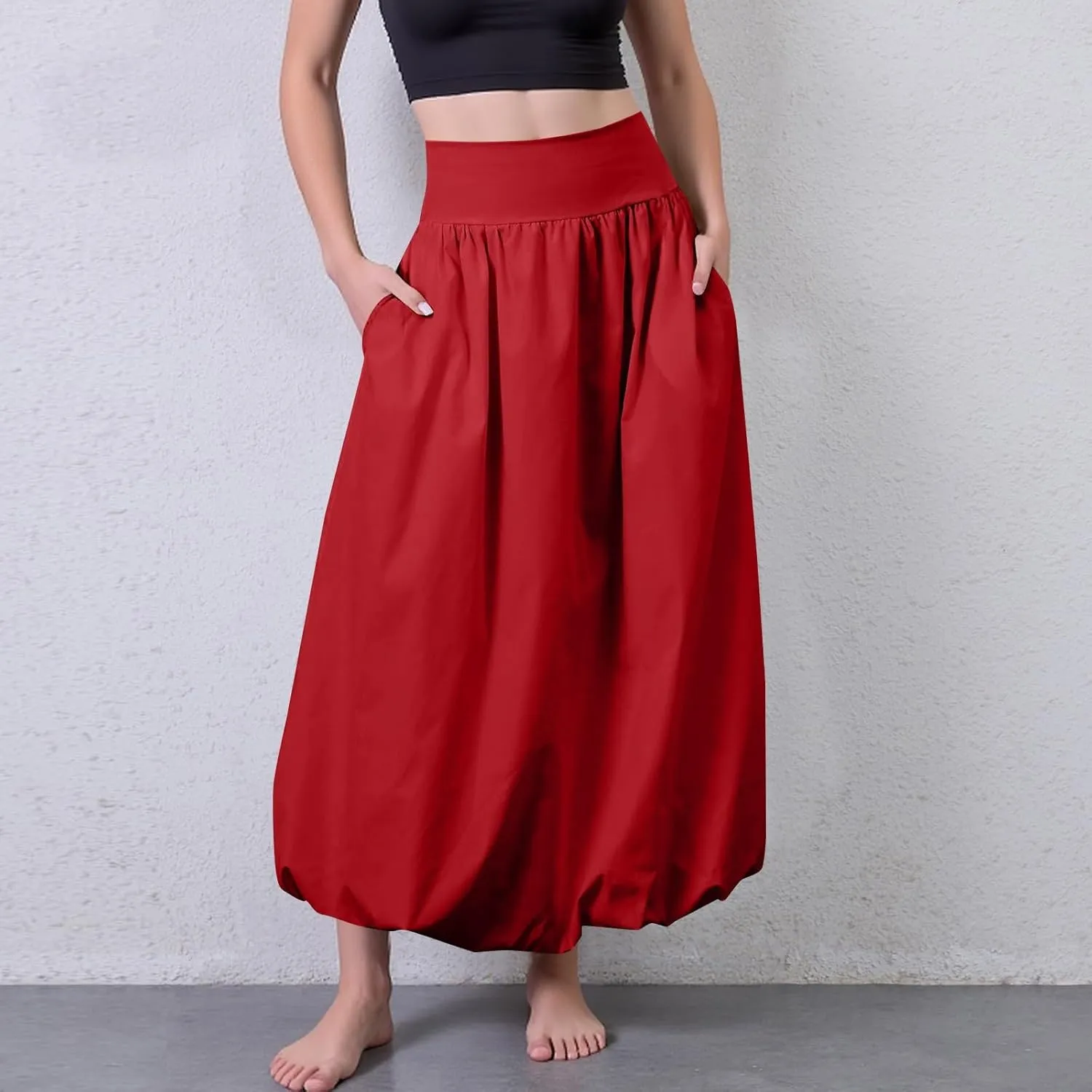 fanmpghleoo Bubble Maxi Skirts for Women Cute Elastic High Waisted Skirts Summer Y2k Casual Balloon Ruffle A Line Long Skirt