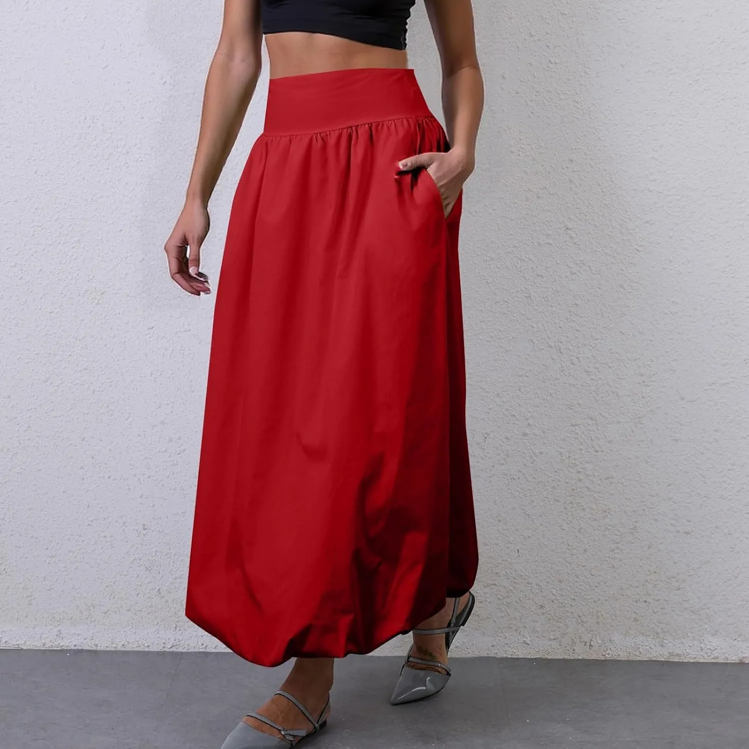 fanmpghleoo Bubble Maxi Skirts for Women Cute Elastic High Waisted Skirts Summer Y2k Casual Balloon Ruffle A Line Long Skirt