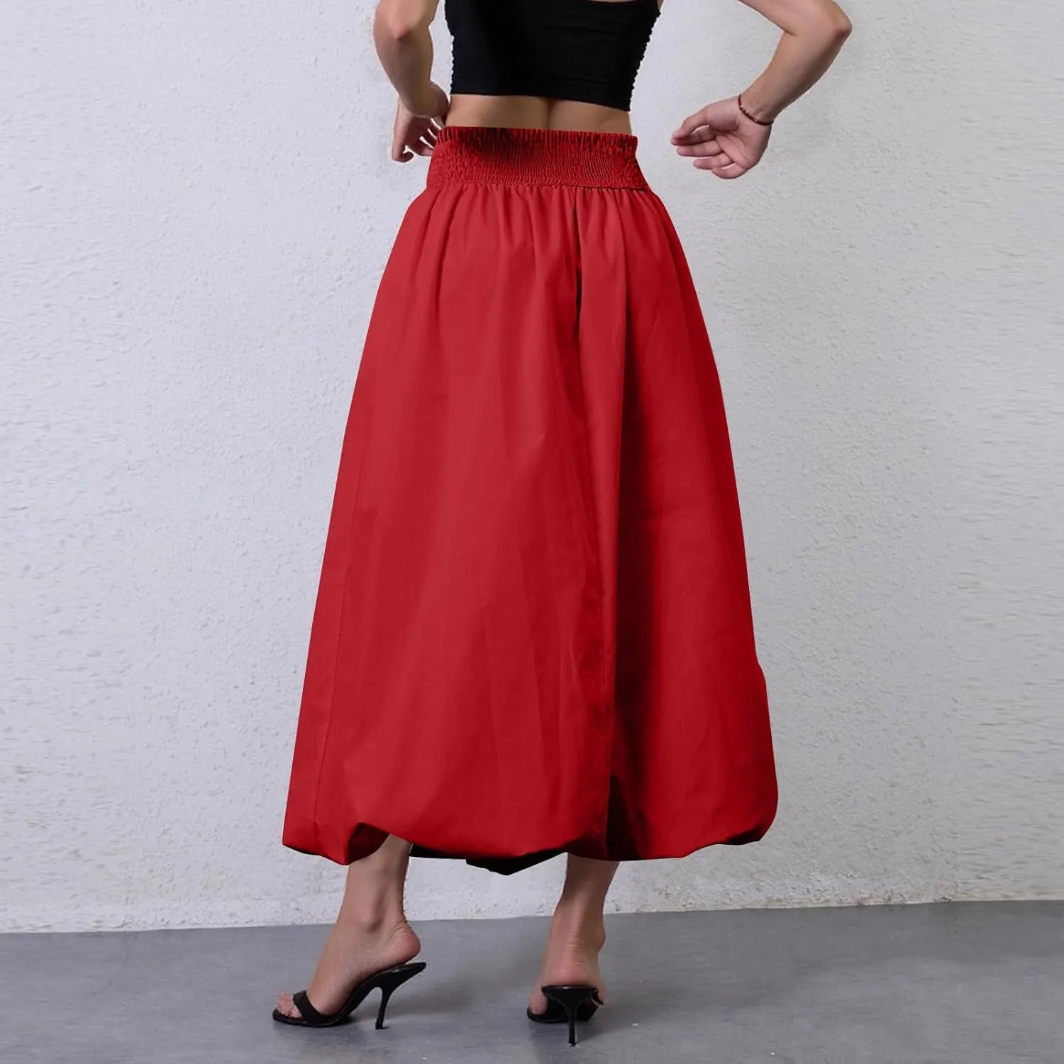 fanmpghleoo Bubble Maxi Skirts for Women Cute Elastic High Waisted Skirts Summer Y2k Casual Balloon Ruffle A Line Long Skirt