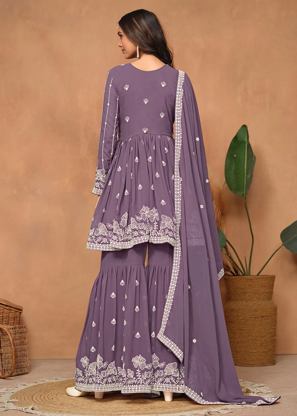 Festive Style Dusty Purple Embroidered Gharara Suit