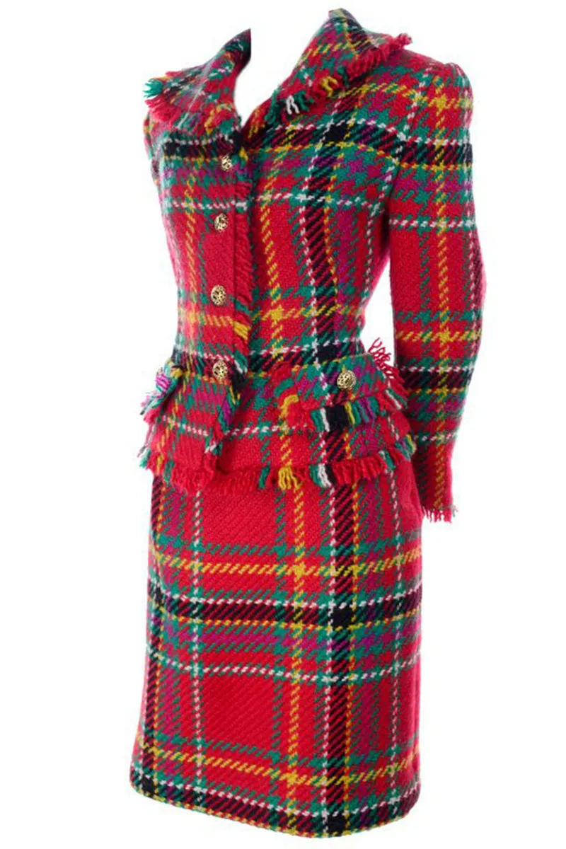 F/W 1991/92 Oscar de la Renta Red Tartan Plaid Fringe Skirt Suit