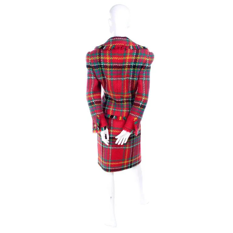F/W 1991/92 Oscar de la Renta Red Tartan Plaid Fringe Skirt Suit