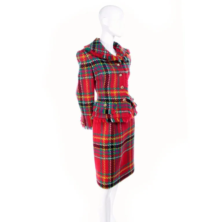 F/W 1991/92 Oscar de la Renta Red Tartan Plaid Fringe Skirt Suit