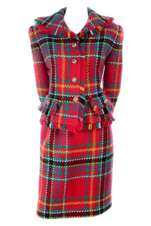 F/W 1991/92 Oscar de la Renta Red Tartan Plaid Fringe Skirt Suit