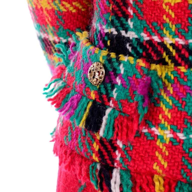 F/W 1991/92 Oscar de la Renta Red Tartan Plaid Fringe Skirt Suit