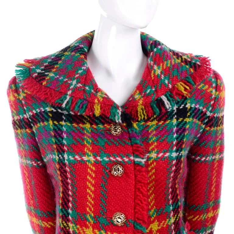 F/W 1991/92 Oscar de la Renta Red Tartan Plaid Fringe Skirt Suit