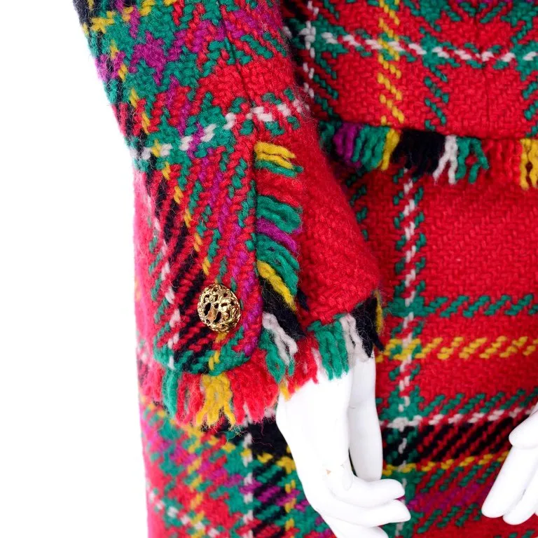 F/W 1991/92 Oscar de la Renta Red Tartan Plaid Fringe Skirt Suit