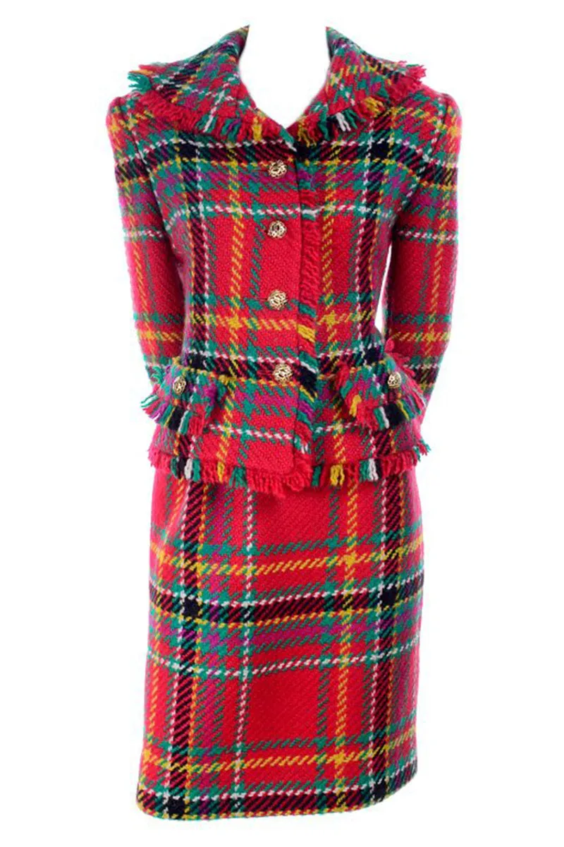 F/W 1991/92 Oscar de la Renta Red Tartan Plaid Fringe Skirt Suit