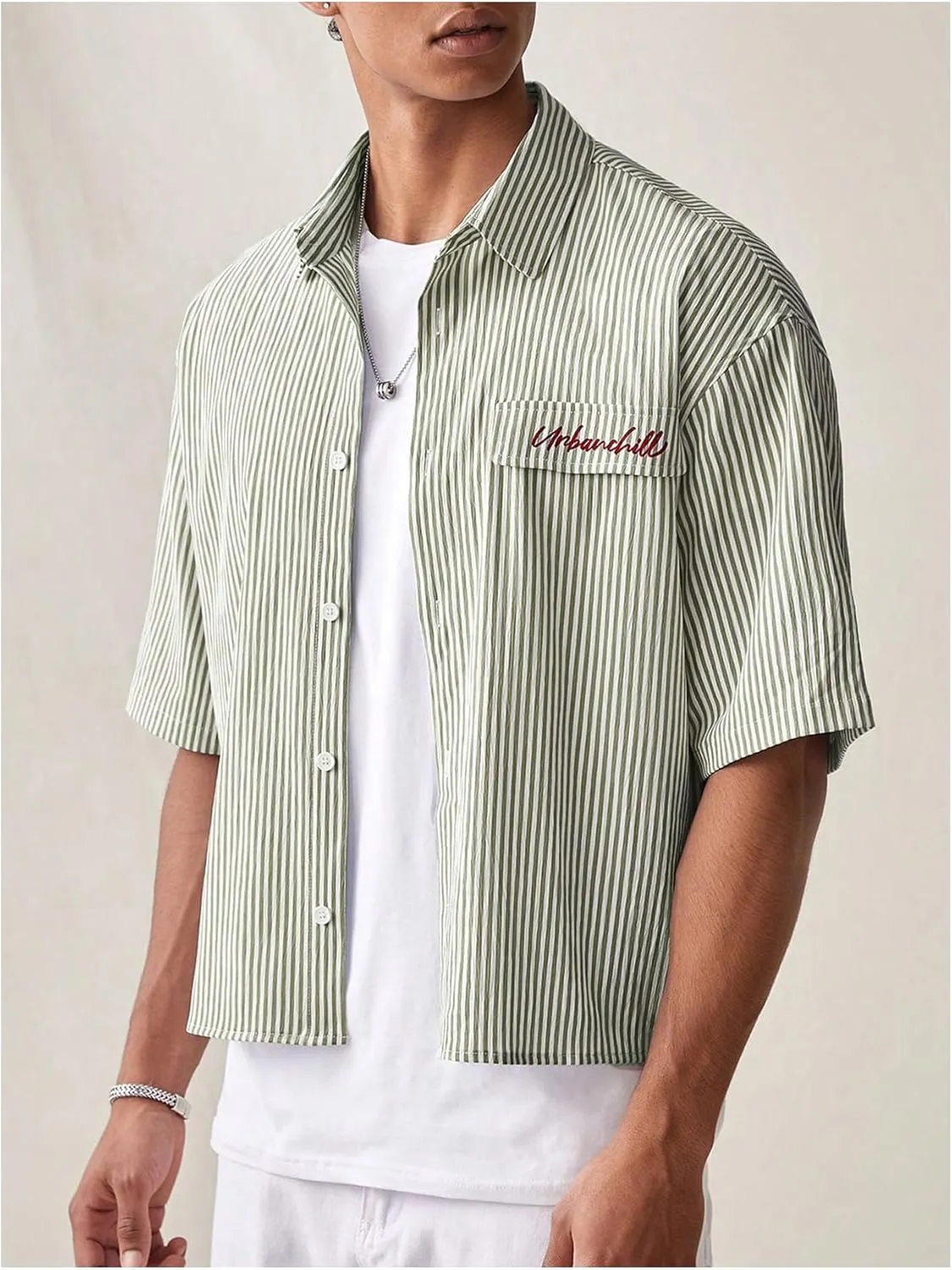GORGLITTER Men's Striped Crop Letter Graphic Flap Button Down Up Shirt Short Sleeve Collar Top