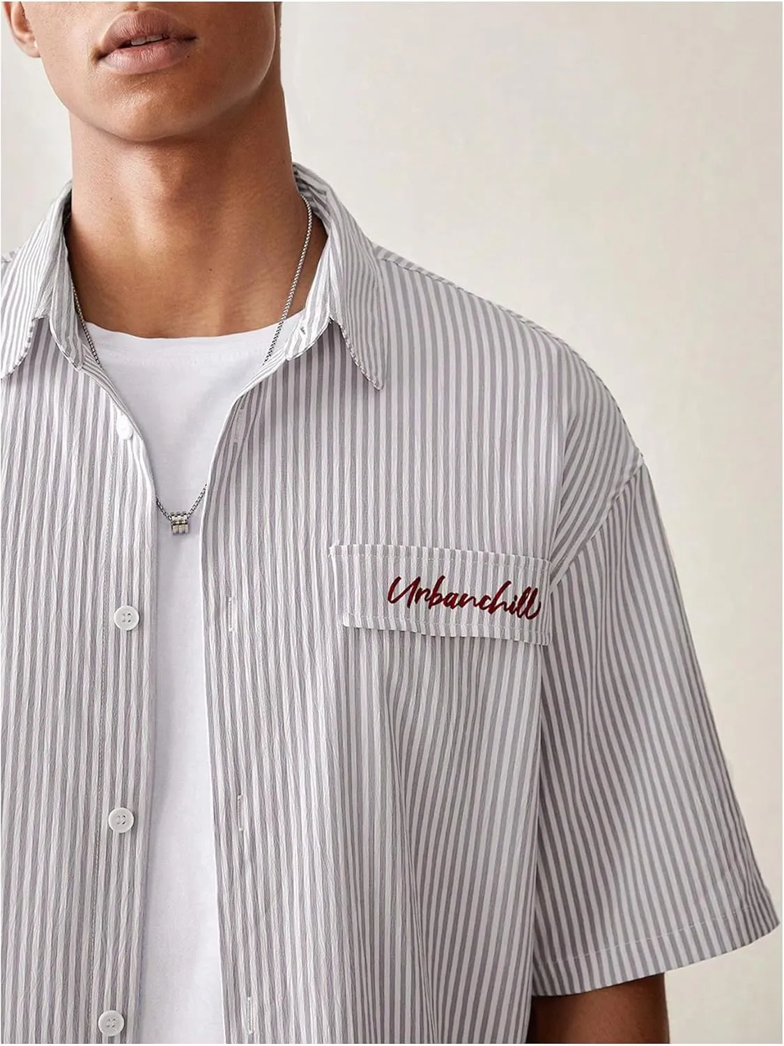 GORGLITTER Men's Striped Crop Letter Graphic Flap Button Down Up Shirt Short Sleeve Collar Top