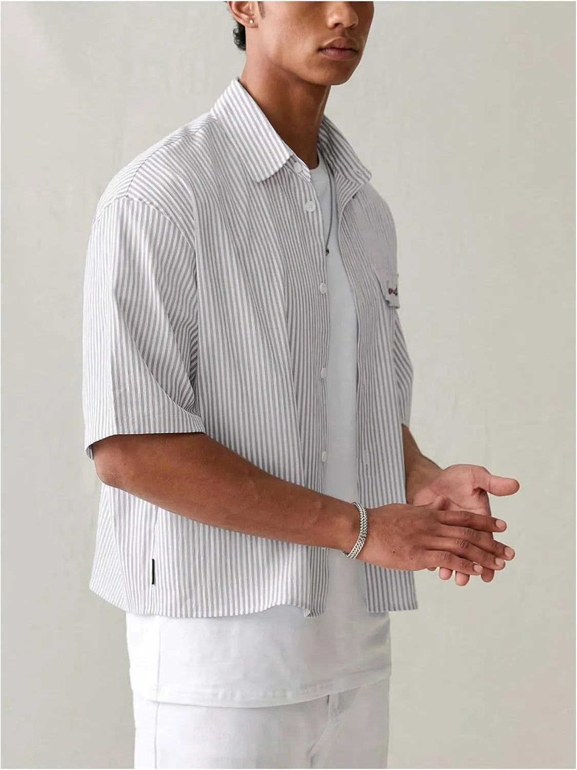 GORGLITTER Men's Striped Crop Letter Graphic Flap Button Down Up Shirt Short Sleeve Collar Top
