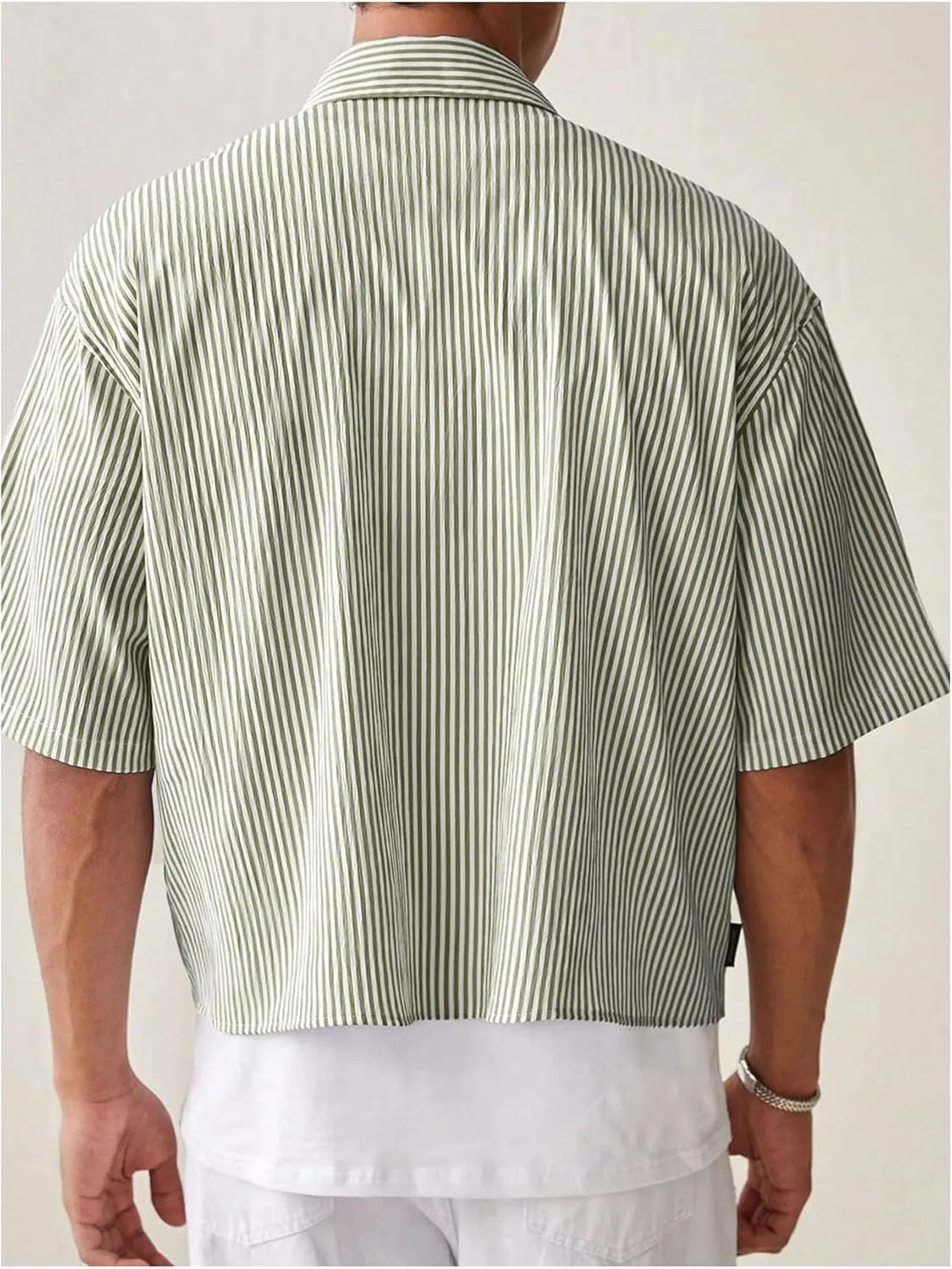 GORGLITTER Men's Striped Crop Letter Graphic Flap Button Down Up Shirt Short Sleeve Collar Top