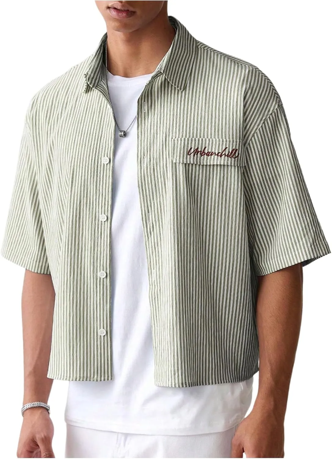 GORGLITTER Men's Striped Crop Letter Graphic Flap Button Down Up Shirt Short Sleeve Collar Top