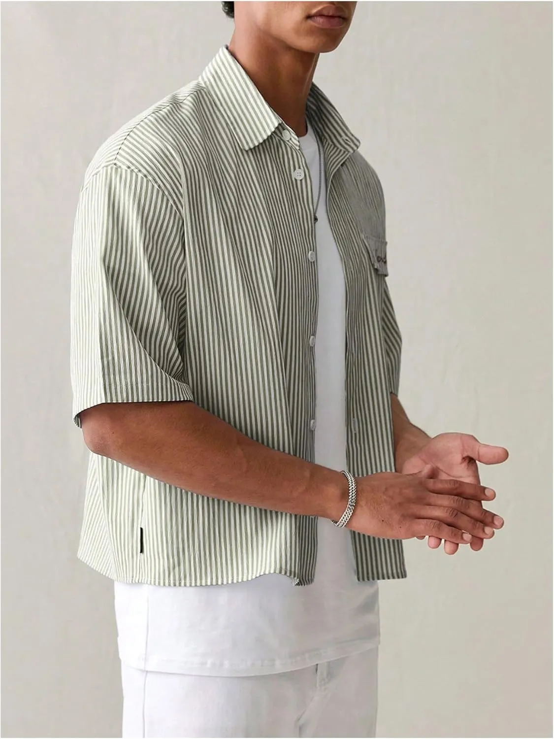 GORGLITTER Men's Striped Crop Letter Graphic Flap Button Down Up Shirt Short Sleeve Collar Top