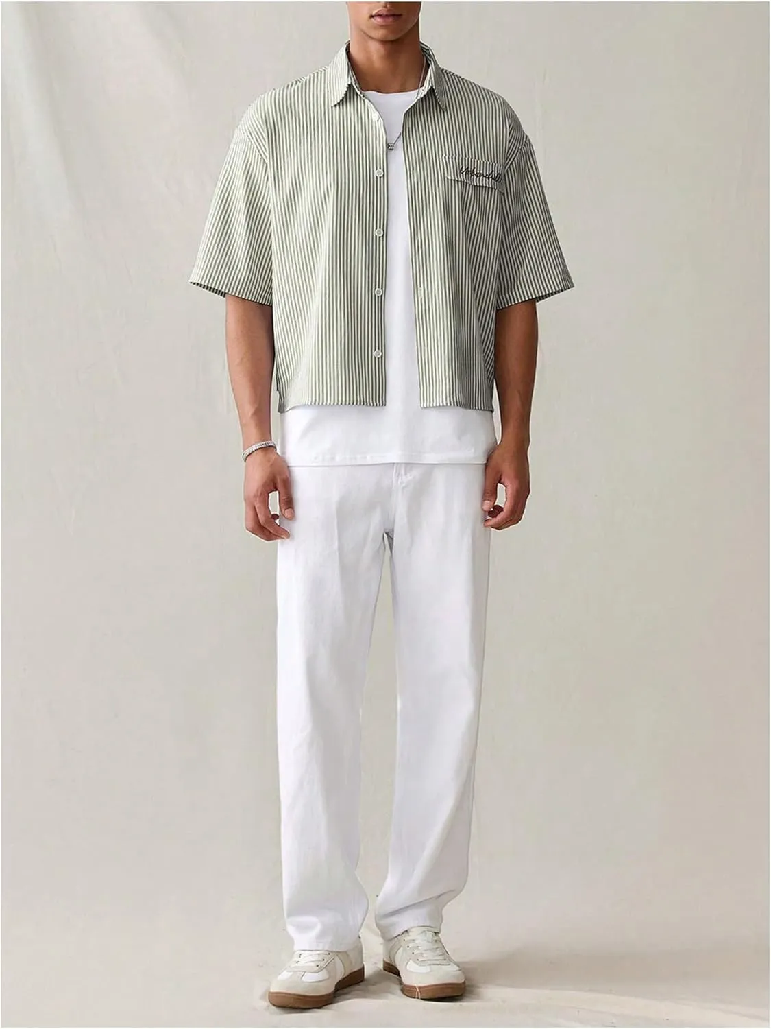 GORGLITTER Men's Striped Crop Letter Graphic Flap Button Down Up Shirt Short Sleeve Collar Top