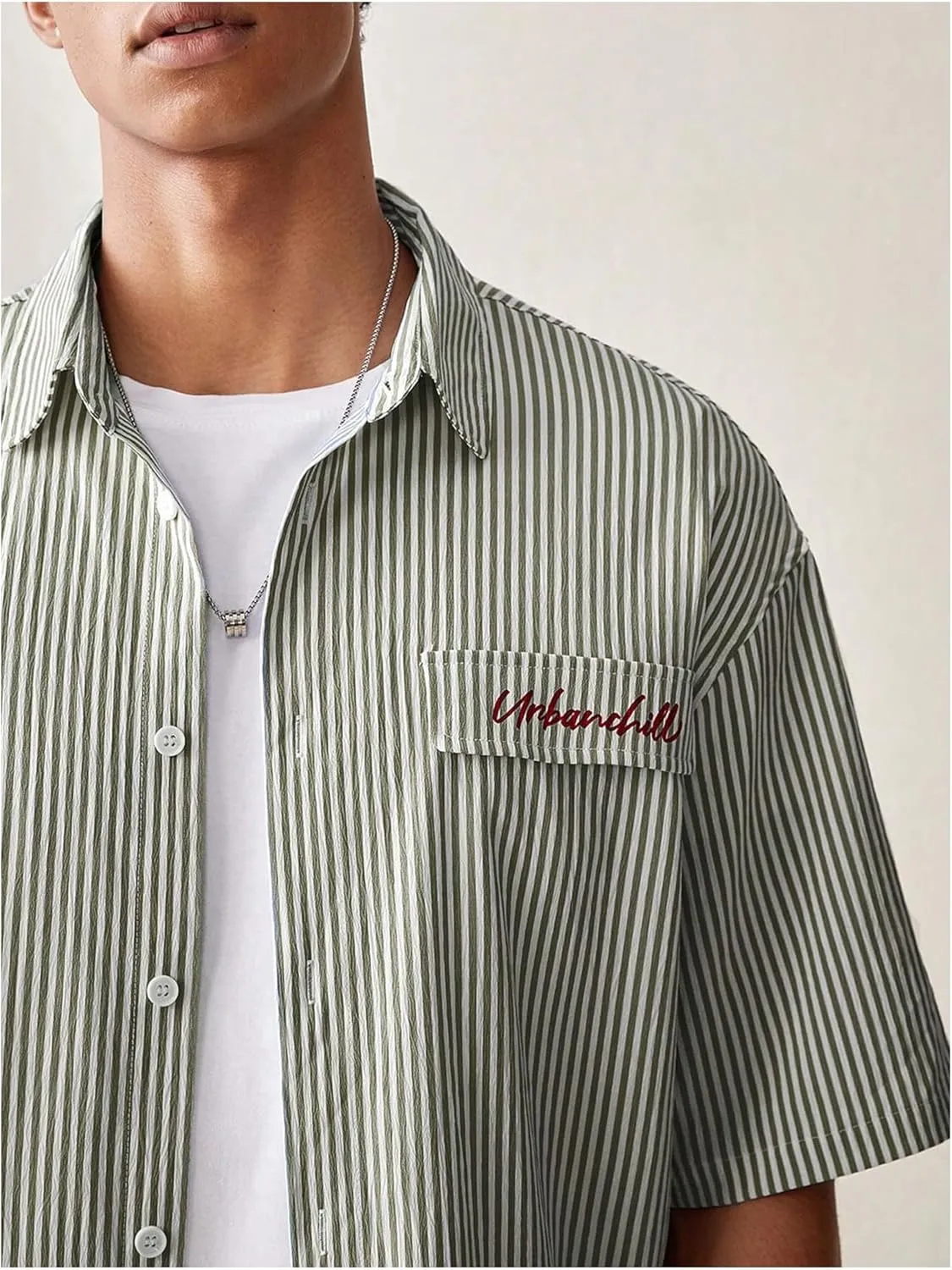 GORGLITTER Men's Striped Crop Letter Graphic Flap Button Down Up Shirt Short Sleeve Collar Top