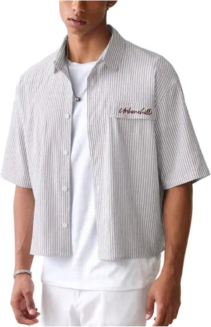 GORGLITTER Men's Striped Crop Letter Graphic Flap Button Down Up Shirt Short Sleeve Collar Top