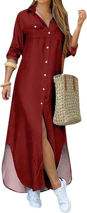 GORIFE Lady's Button Up Lapel Long Sleeve Dress Split Lightweight Blouse Dress Pocket Sexy Maxi Dress