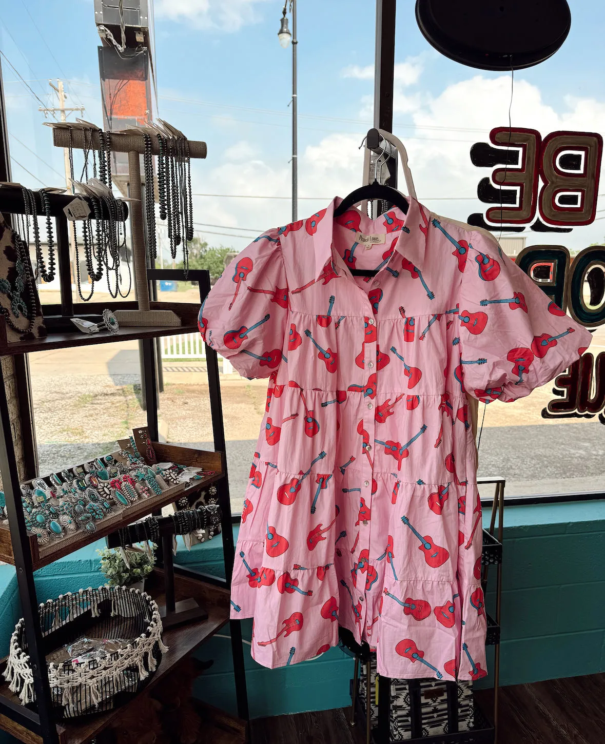 Hot Pink Guitar Puffy Sleeve Dress