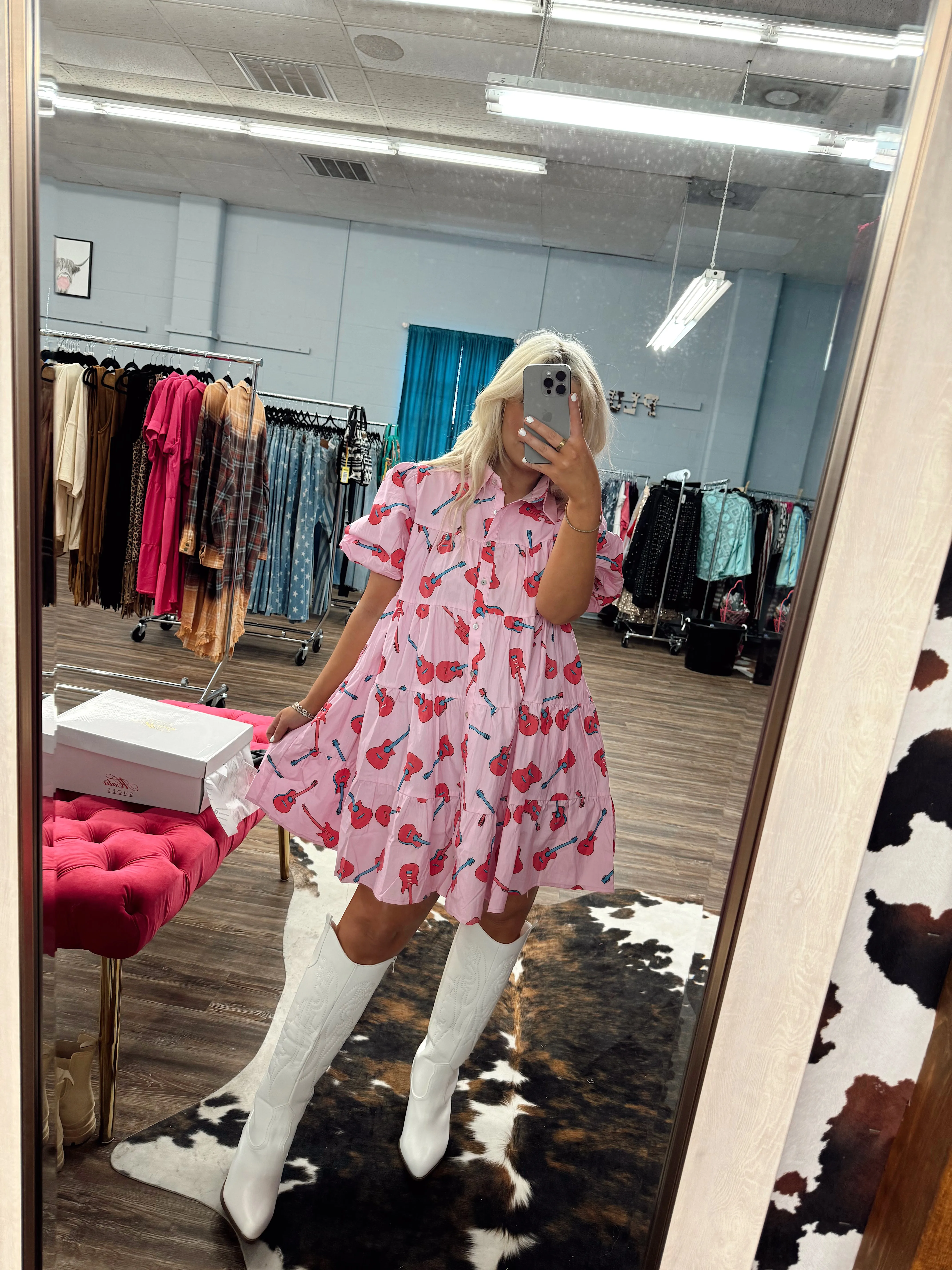 Hot Pink Guitar Puffy Sleeve Dress