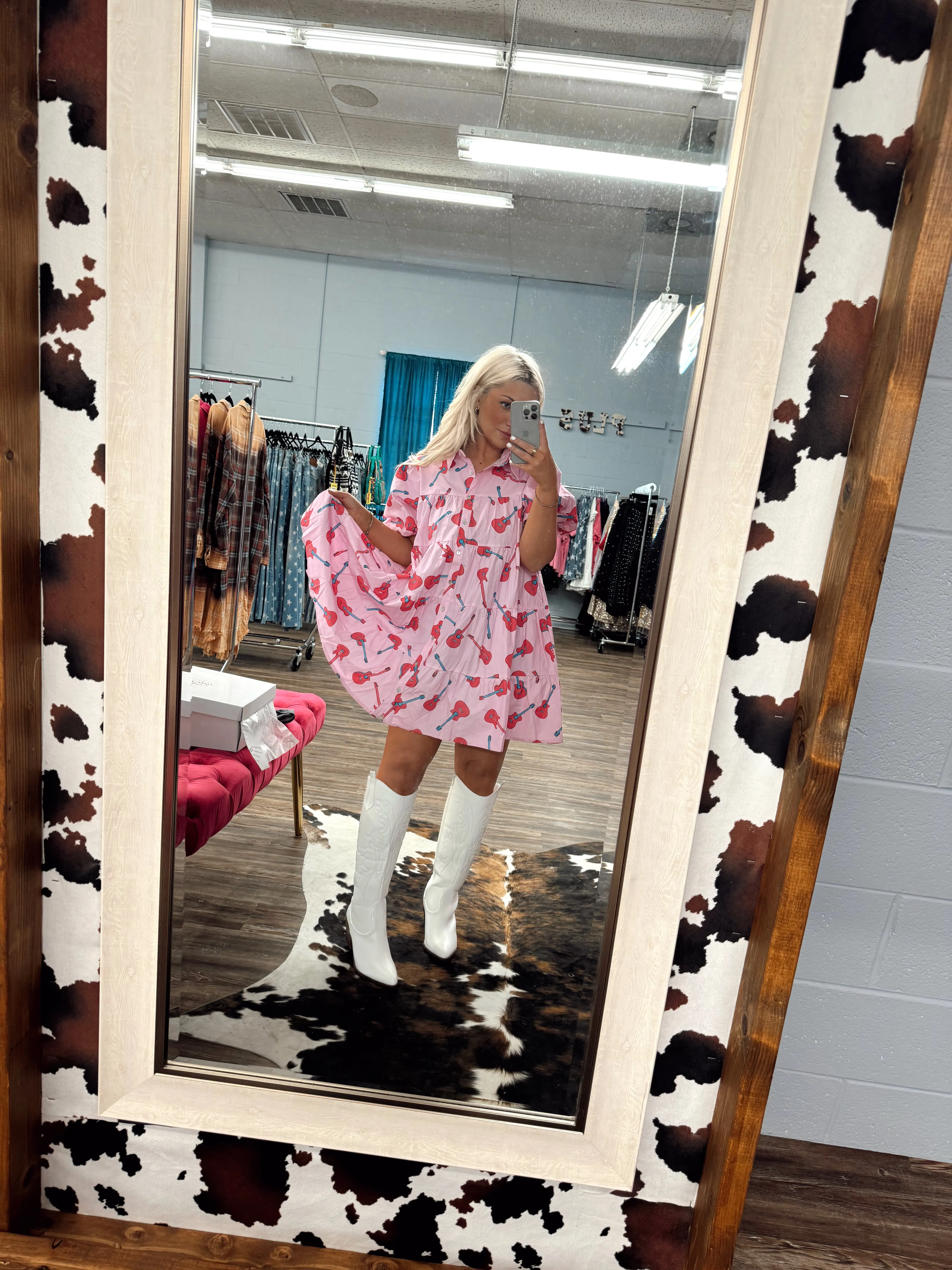 Hot Pink Guitar Puffy Sleeve Dress