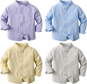 Kids Toddler Boys Long Sleeve Mandarin Collar Woven Cotton Button Down Linen Dress Shirt Solid Toddler Sweatshirt