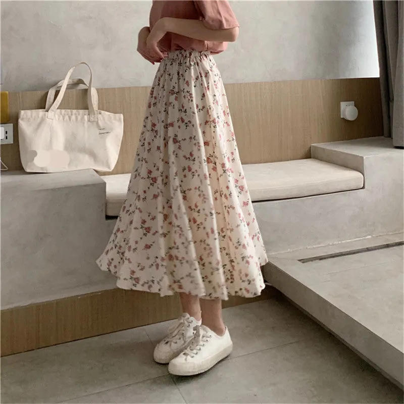 KittenAlarm - Flowers Pattern Pleated Long Casual Skirts