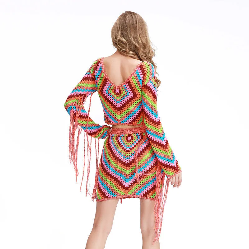 Long Sleeve Top Women Fashion Short High Waist Tassel Hand Crochet Swimsuit Cover Up Simple Beach Swimwear
