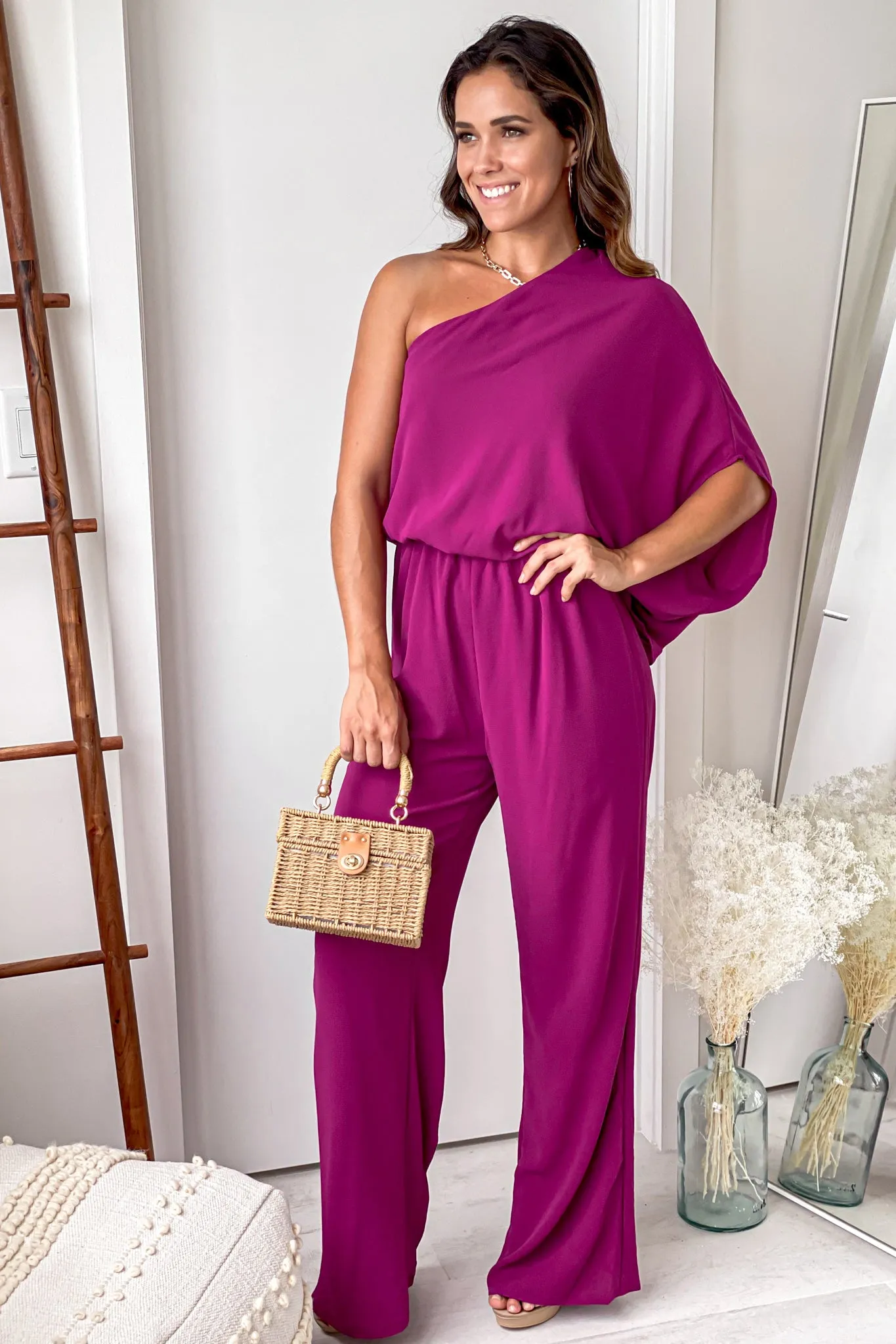 Magenta One Shoulder 3/4 Sleeve Jumpsuit