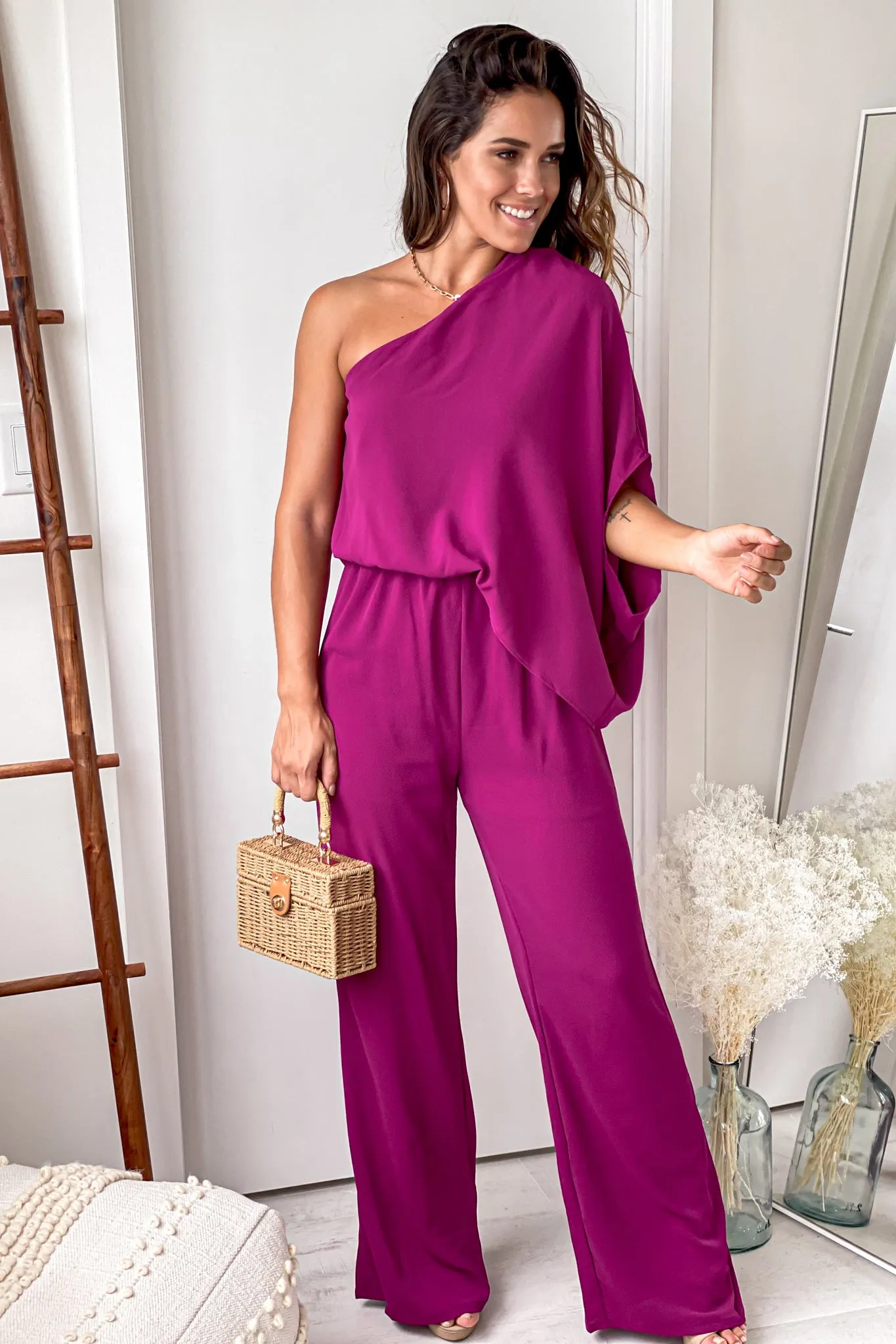 Magenta One Shoulder 3/4 Sleeve Jumpsuit