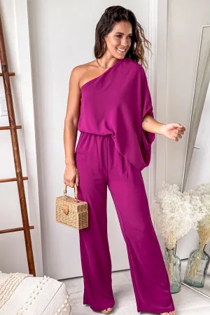 Magenta One Shoulder 3/4 Sleeve Jumpsuit