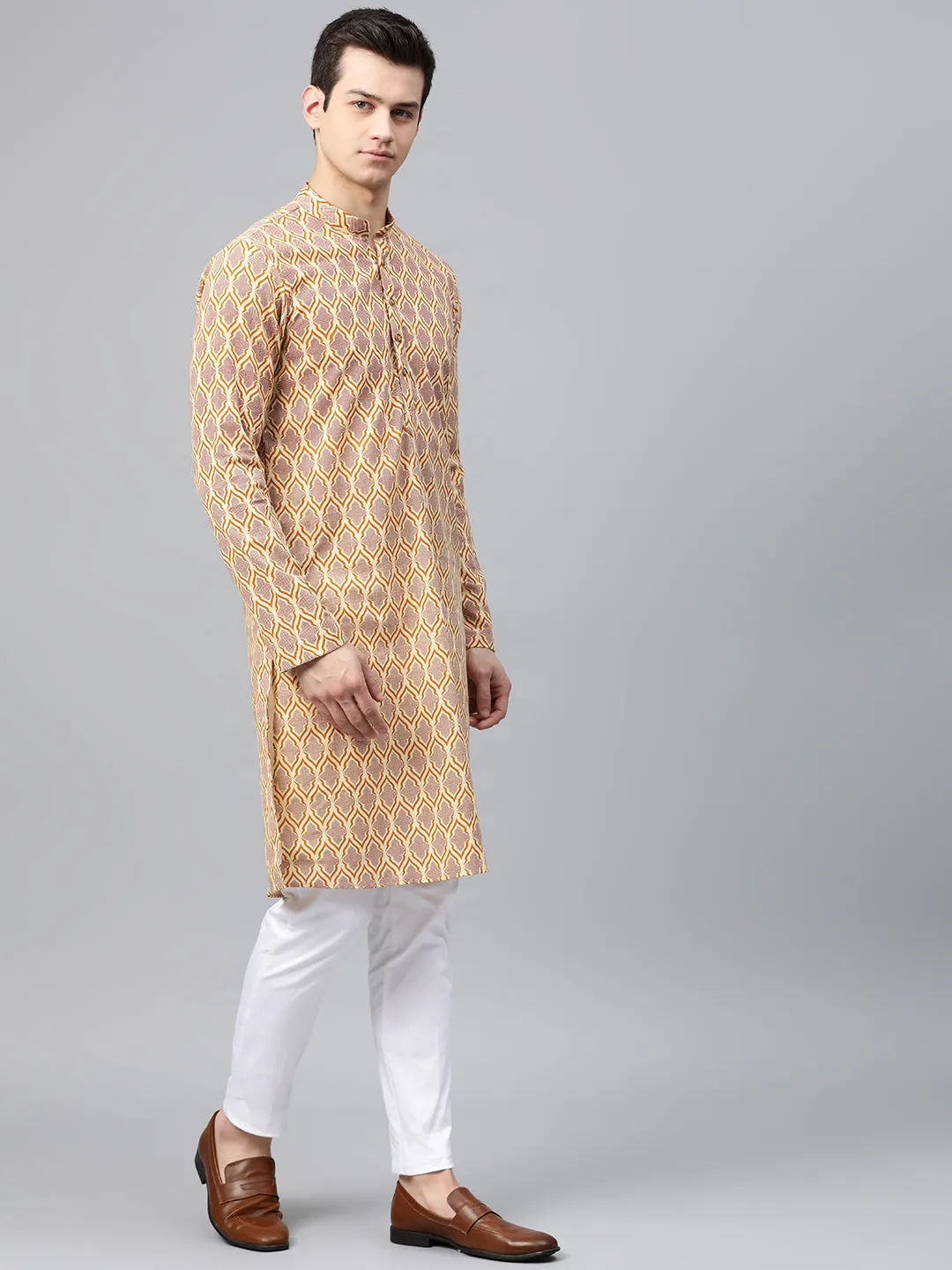 Men Cream & Brown Printed Straight Kurta