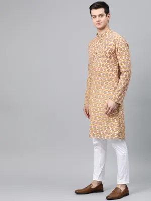 Men Cream & Brown Printed Straight Kurta