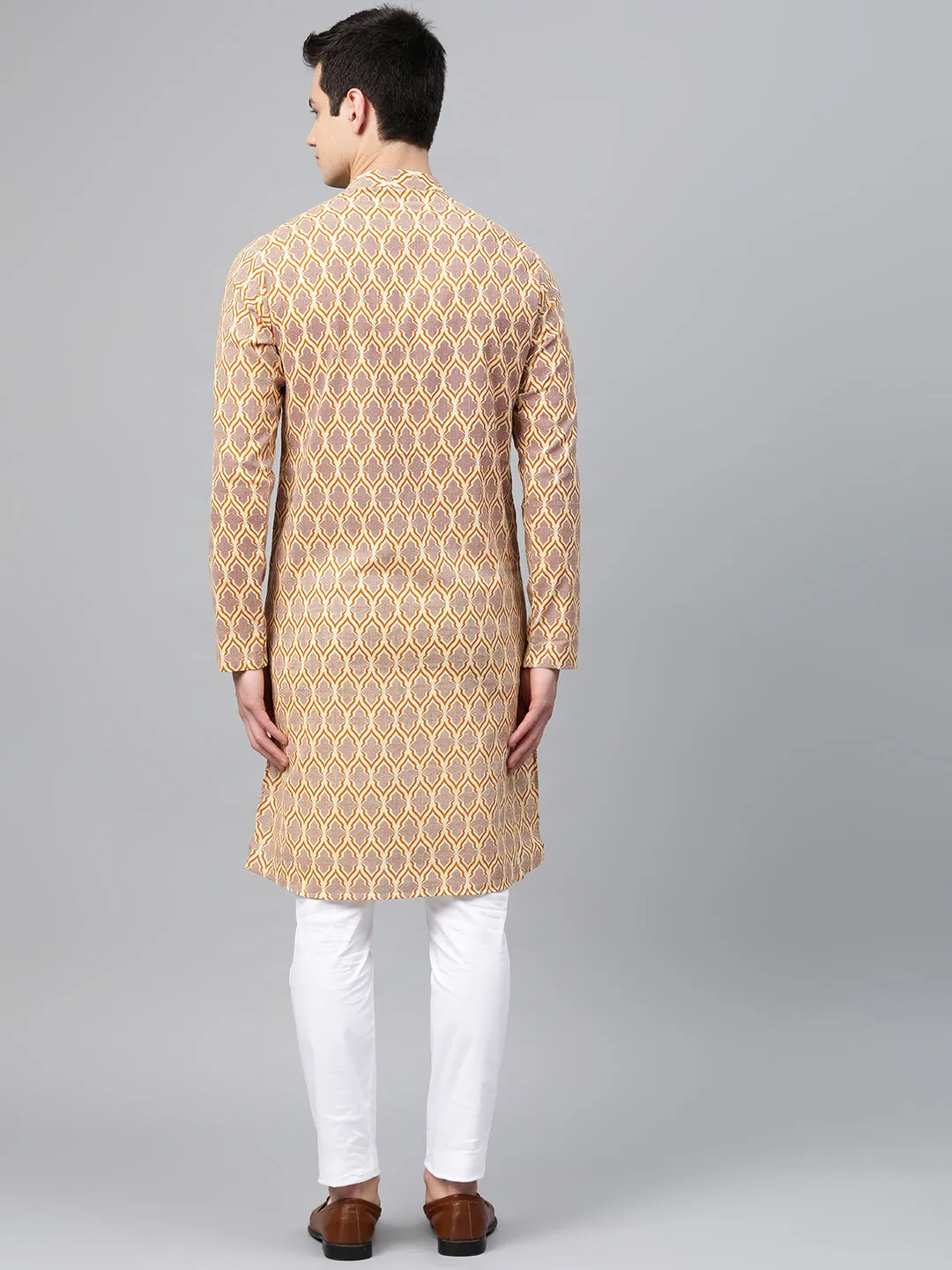 Men Cream & Brown Printed Straight Kurta
