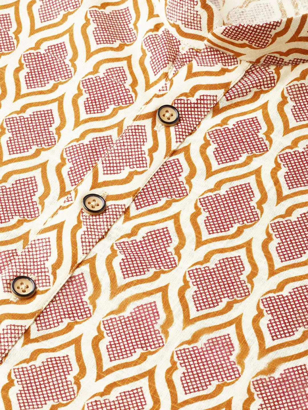 Men Cream & Brown Printed Straight Kurta
