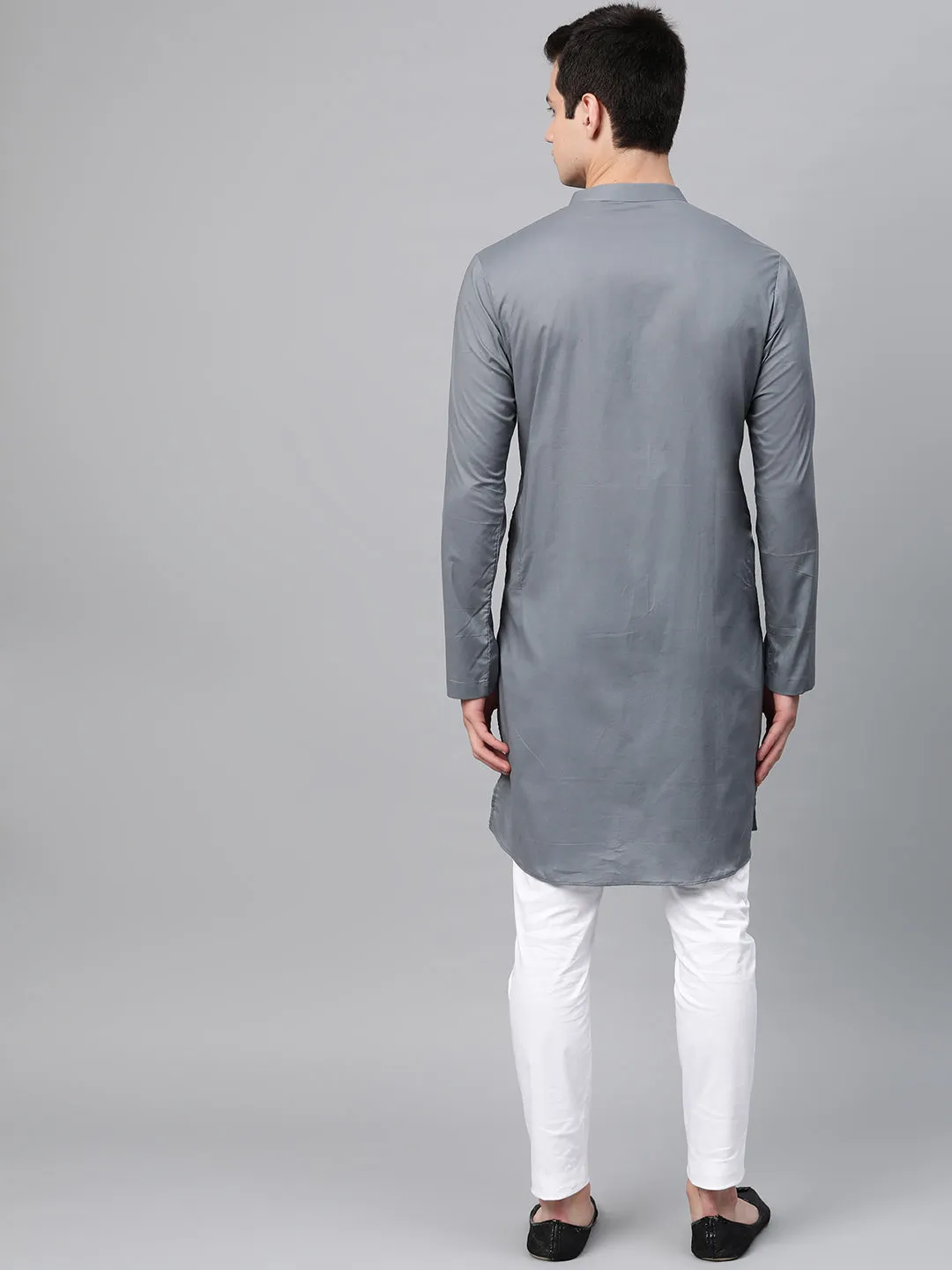 Men Grey Embroidered Straight Kurta