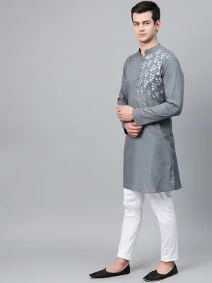 Men Grey Embroidered Straight Kurta