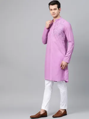 Men Lavender Embroidered Straight Kurta