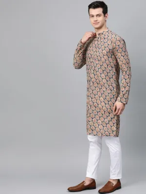 Men's Blue & Maroon Printed Straight Kurta - See Designs