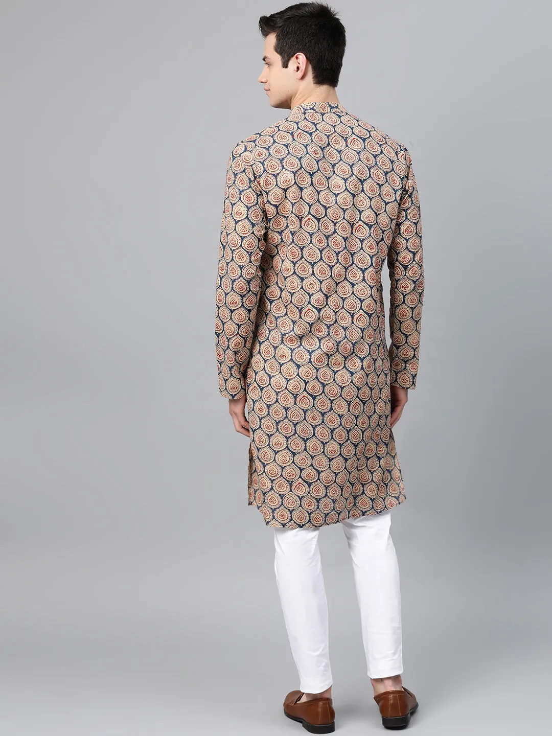 Men's Blue & Maroon Printed Straight Kurta - See Designs
