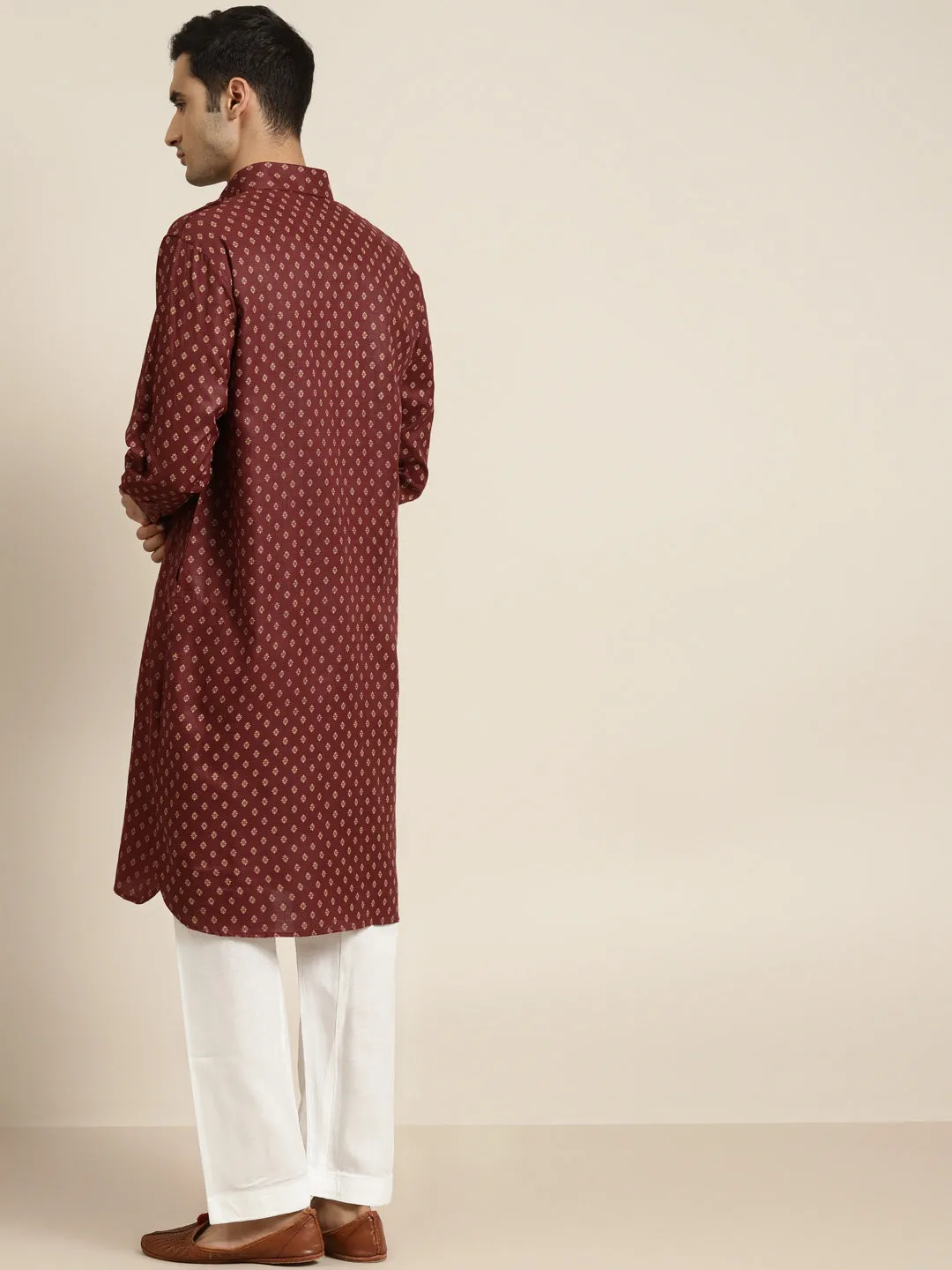 Men's Cotton Blend Maroon Pathani Kurta With Salwar Set - Sojanya