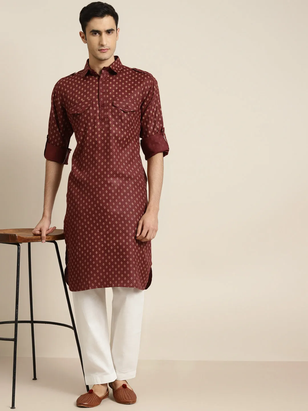 Men's Cotton Blend Maroon Pathani Kurta With Salwar Set - Sojanya